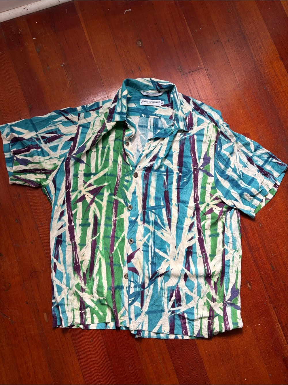 Jams World Short-Sleeve Button-Down Shirt in Teal, Green & Purple Stripe Print